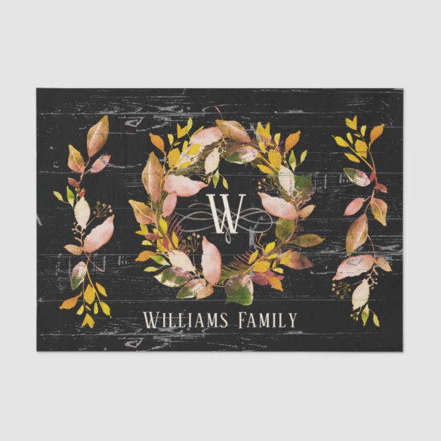 Rustic Watercolor Autumn Wreath Family Black Tissue Paper (Front)