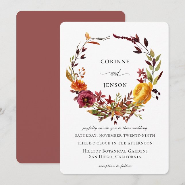 Rustic Watercolor Autumn Wreath Wedding Invitation (Front/Back)