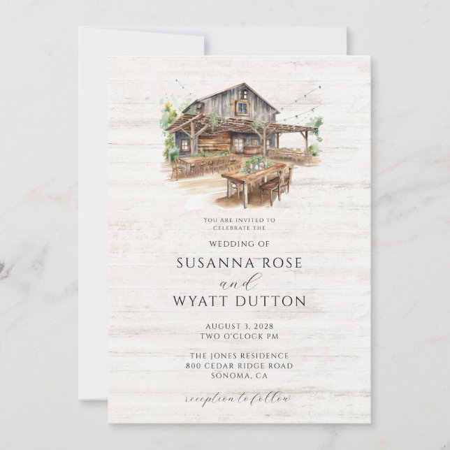 Rustic Watercolor Barn Wedding Invitation (Front)