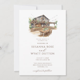 Rustic Watercolor Barn Wedding Invitation