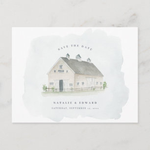 rustic watercolor barn wedding save the date postcard