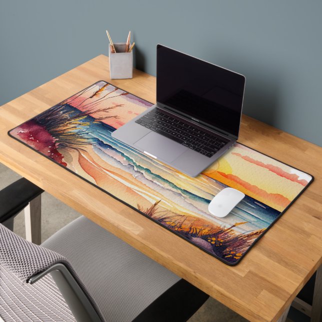 rustic watercolor beach sunset scene desk mat (Office 2)