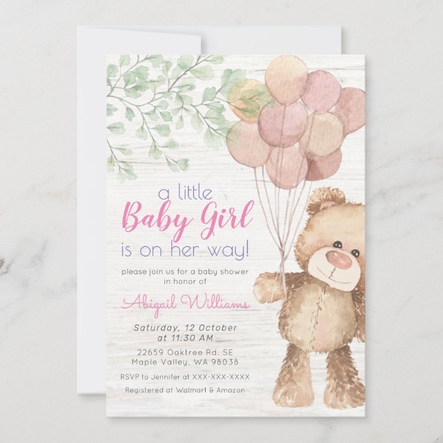 Rustic Watercolor Bear Balloons - Girl Baby Shower Invitation (Front)