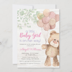 Rustic Watercolor Bear Balloons - Girl Baby Shower Invitation