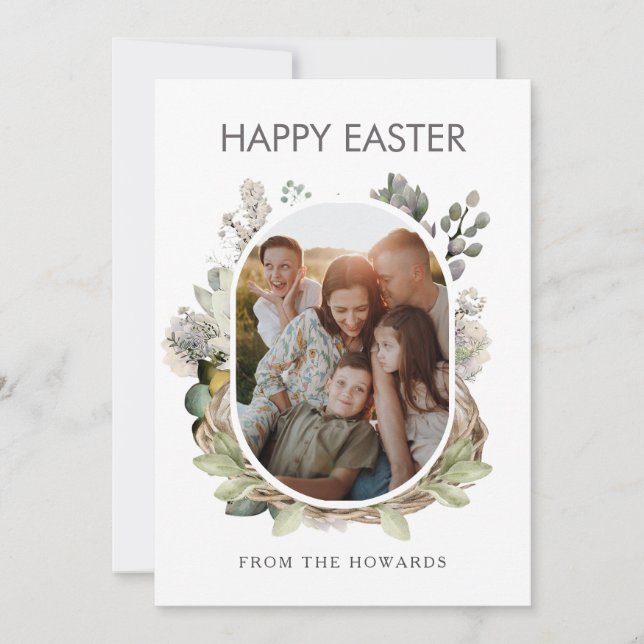 Rustic Watercolor Bird Nest Family Photo Easter Holiday Card (Front)