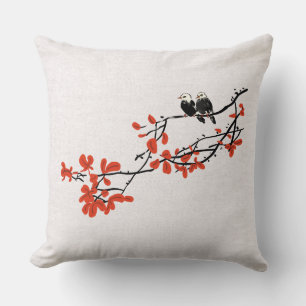 Rustic Watercolor Birds on Tree Branch Red Leaves  Cushion