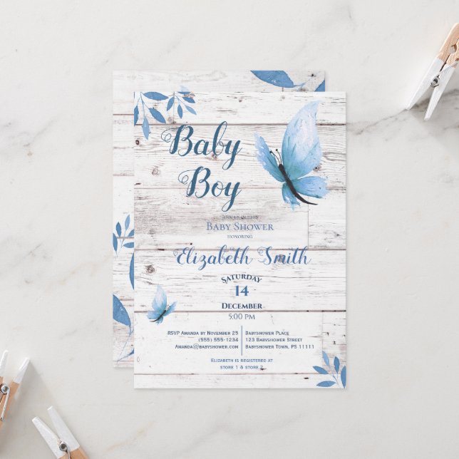 Rustic watercolor blue butterfly floral babyshower invitation (Front/Back In Situ)