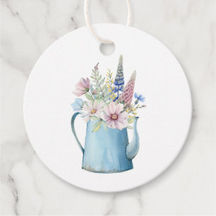 Rustic Watercolor Blue Coffee Pot Flowers Favour Tags