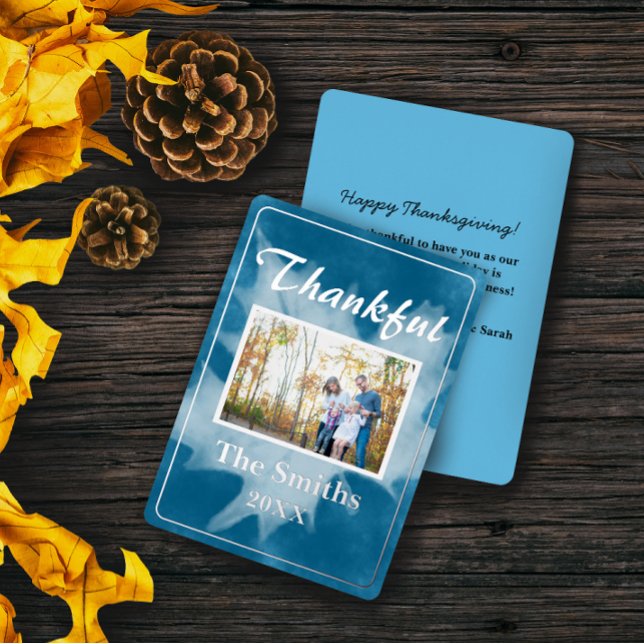 Rustic Watercolor Blue Fall Photo Thanksgiving Foil Holiday Card (Creator Uploaded)