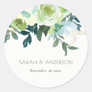 Rustic Watercolor Blue Green Floral Leafy Wedding Classic Round Sticker