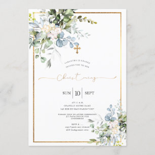 Rustic Watercolor Blue Gum Eucalyptus Christening Invitation