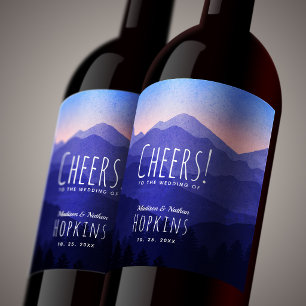 Rustic Watercolor Blue Mountains Wedding Wine Label