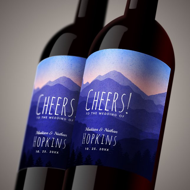 Rustic Watercolor Blue Mountains Wedding Wine Label (Creator Uploaded)