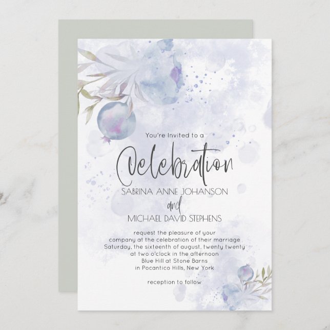 Rustic Watercolor Blue Rose and Rose Hip Invitation (Front/Back)