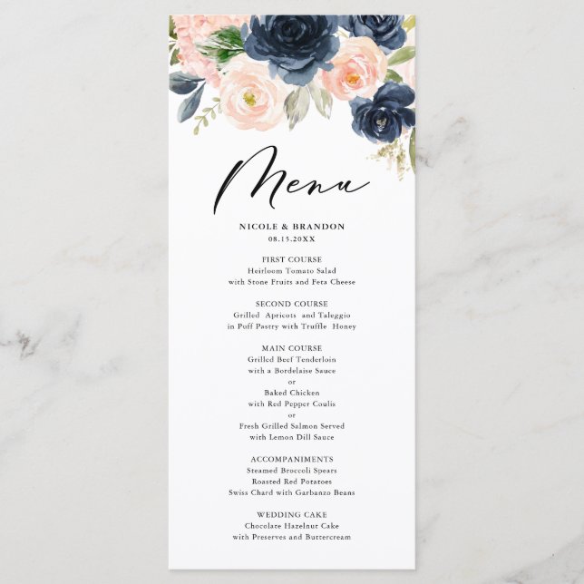 Rustic Watercolor Blush and Navy Floral Wedding Menu (Front)