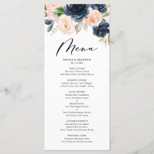 Rustic Watercolor Blush and Navy Floral Wedding Menu