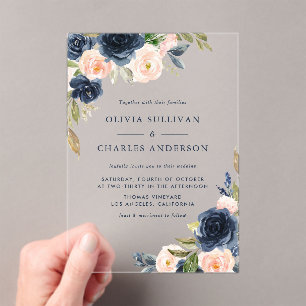 Rustic Watercolor Blush and Navy Flowers Wedding Acrylic Invitations