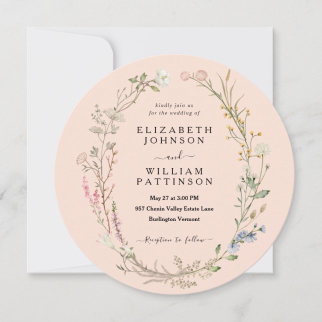 Rustic Watercolor Blush Pink Wildflower Wedding Invitation (Front)