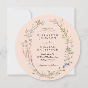 Rustic Watercolor Blush Pink Wildflower Wedding Invitation