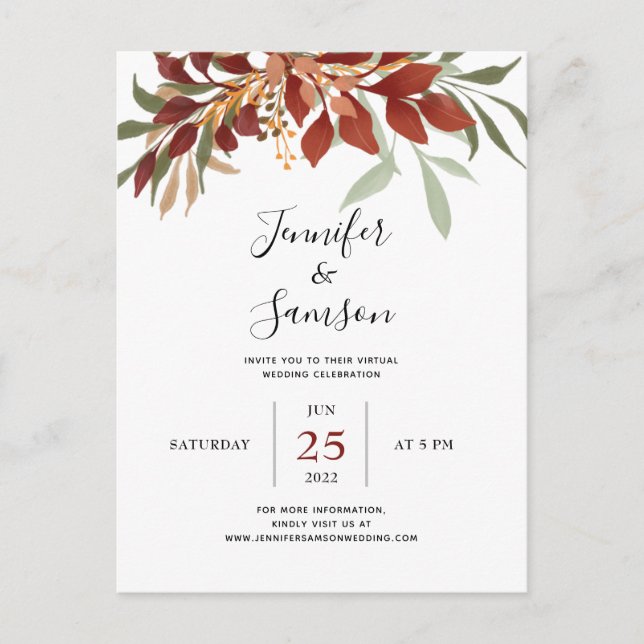 Rustic Watercolor Bohemian Fall Virtual Wedding Announcement Postcard (Front)