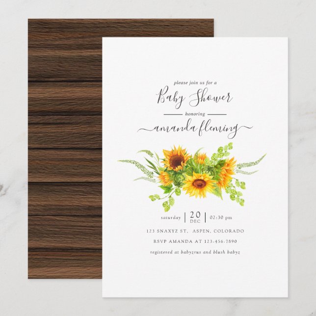 Rustic Watercolor Bohemian Sunflowers Baby Shower Invitation (Front/Back)
