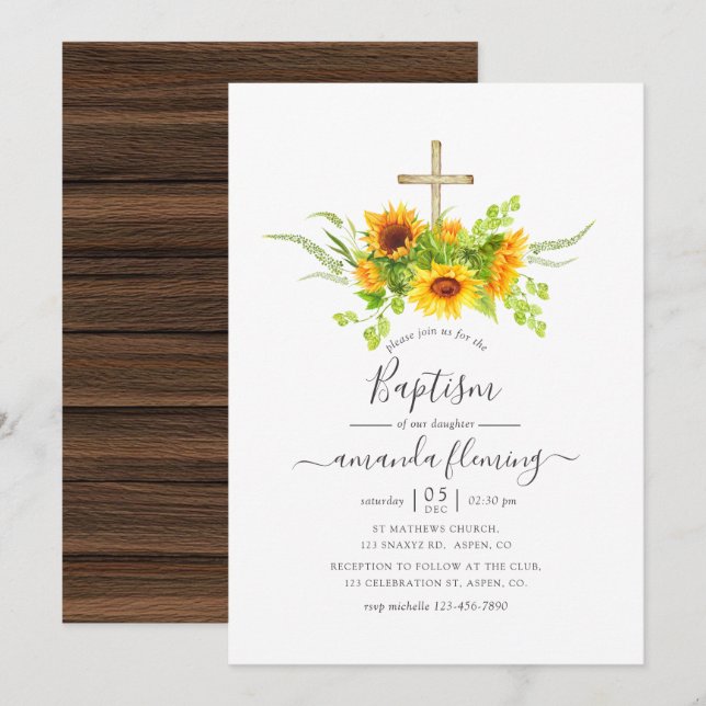 Rustic Watercolor Bohemian Sunflowers Baptism Invitation (Front/Back)