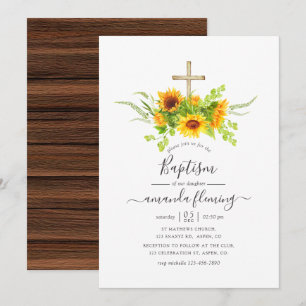 Rustic Watercolor Bohemian Sunflowers Baptism Invitation