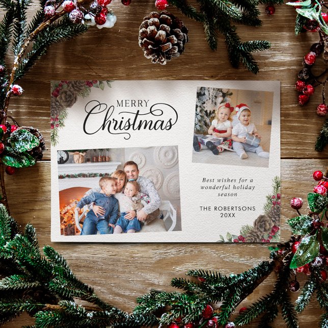 Rustic Watercolor Botanical 2 Photo Christmas Holiday Card (Creator Uploaded)