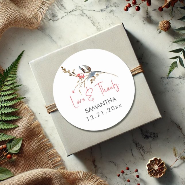Rustic Watercolor Bridal Shower Thank You Classic Round Sticker (Fall and winter bridal shower favor stickers personalized rustic watercolor berries)