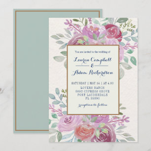 Rustic Watercolor Burgundy & Pink Rose Wedding Invitation