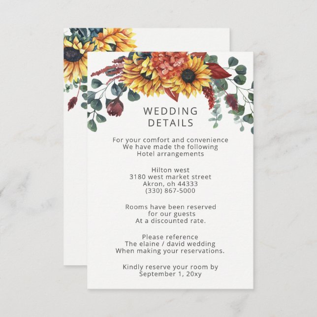 Rustic Watercolor Burgundy Sunflowers Fall Wedding Enclosure Card (Front/Back)