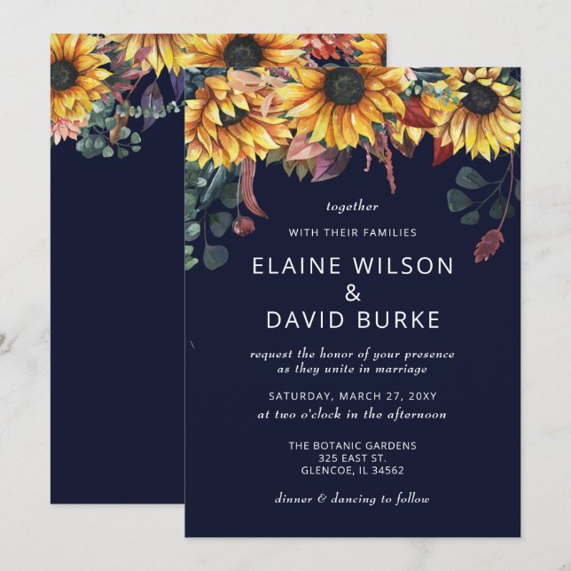 Rustic Watercolor Burgundy Sunflowers Fall Wedding Invitation (Front/Back)