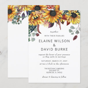 Rustic Watercolor Burgundy Sunflowers Fall Wedding Invitation