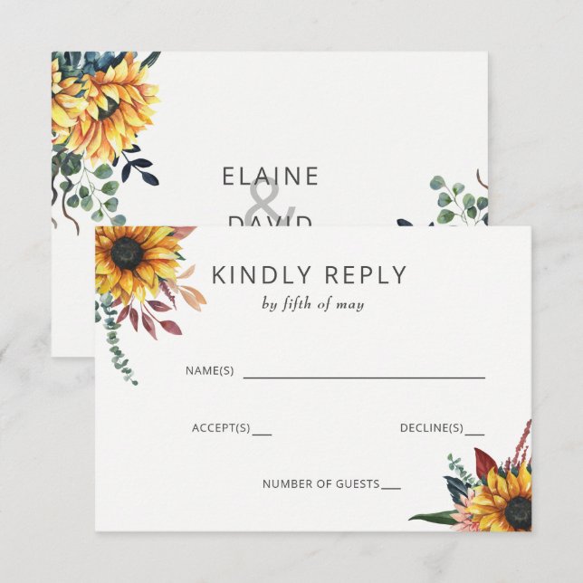 Rustic Watercolor Burgundy Sunflowers Fall Wedding RSVP Card (Front/Back)