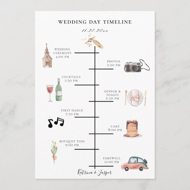 Rustic Watercolor Burgundy Wedding Timeline Programme (Front)