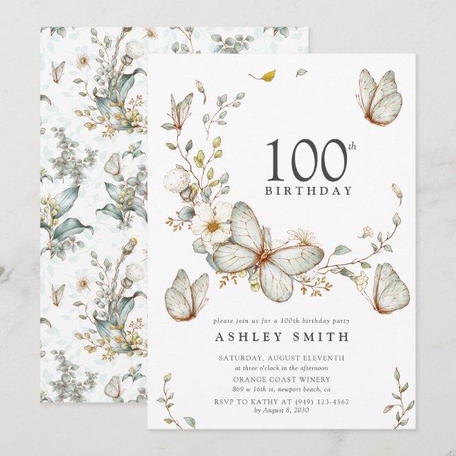 Rustic Watercolor Butterfly 100th Birthday Party Invitation (Front/Back)
