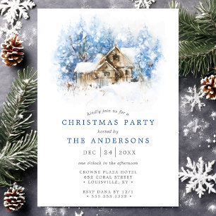 Rustic Watercolor Cabin Country Christmas Party Invitation