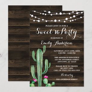 Rustic Watercolor Cactus Barn Wood Sweet 16 Invitation