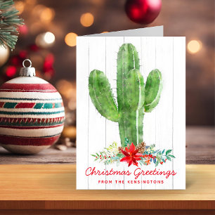 Rustic Watercolor Cactus Christmas Holiday Photo Card