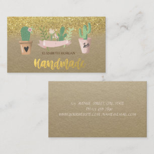 Rustic Watercolor Cactus Flower Gold Glitter Business Card