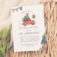 Rustic Watercolor Car Christmas Tree Holiday Party