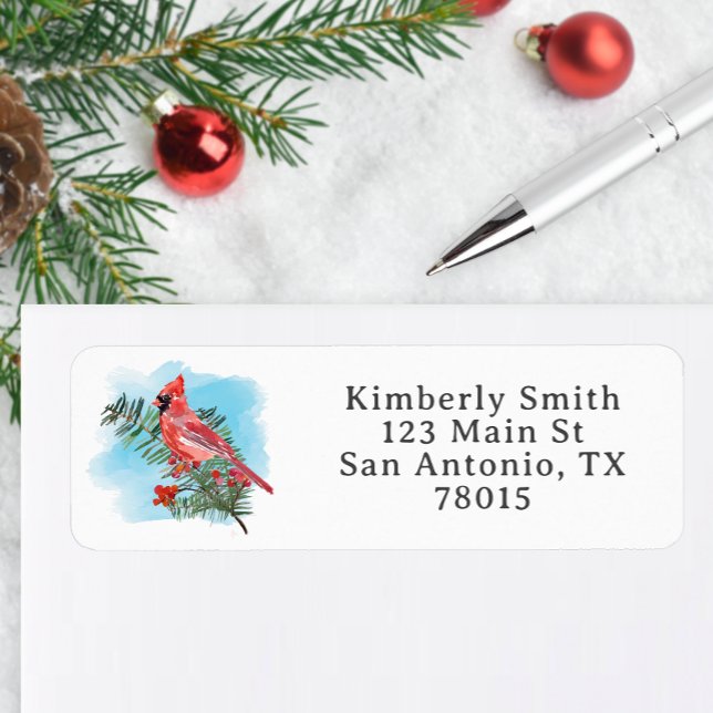 Rustic Watercolor Cardinal Christmas Address (Watercolor Cardinal Address Sticker)