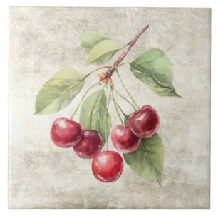 Rustic Watercolor Cherries Tile