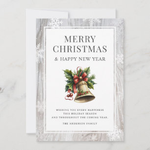 Rustic Watercolor Christmas Bell Wood Snowflakes Holiday Card