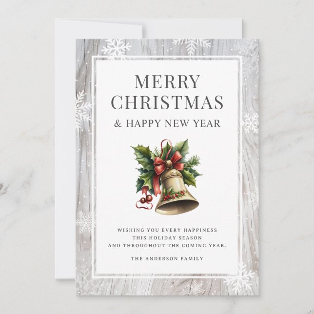 Rustic Watercolor Christmas Bell Wood Snowflakes Holiday Card (Front)