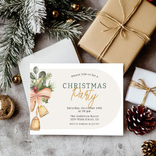Rustic Watercolor Christmas Bells and Greenery   Invitation