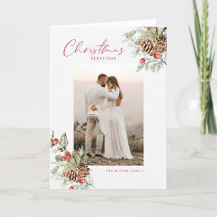 Rustic Watercolor Christmas Blessings Photo Card