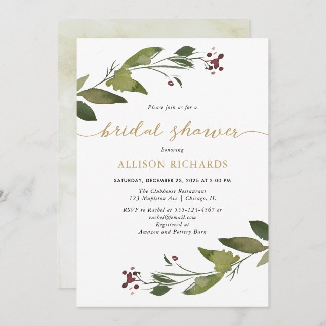 Rustic Watercolor Christmas Foliage Bridal Shower Invitation (Front/Back)
