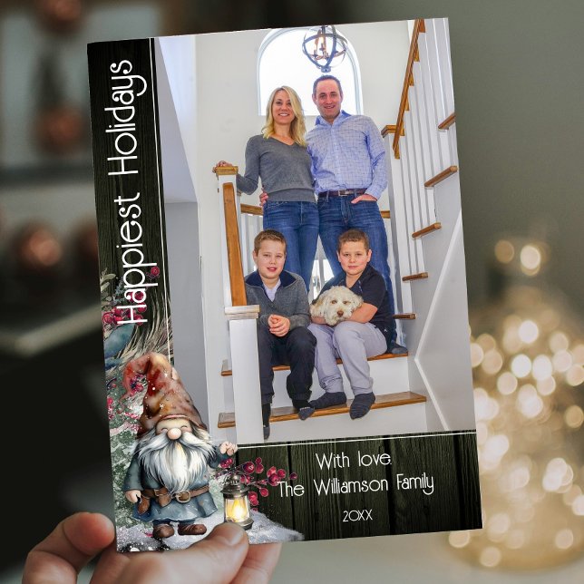 Rustic Watercolor Christmas Gnome | Green Photo Holiday Card (Green Rustic Watercolor Christmas Gnome Photo Holiday Card)