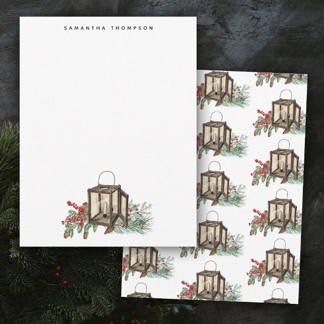 Rustic Watercolor Christmas Lantern Pine Berries Card (Rustic Corporate Business Logo Christmas Card)